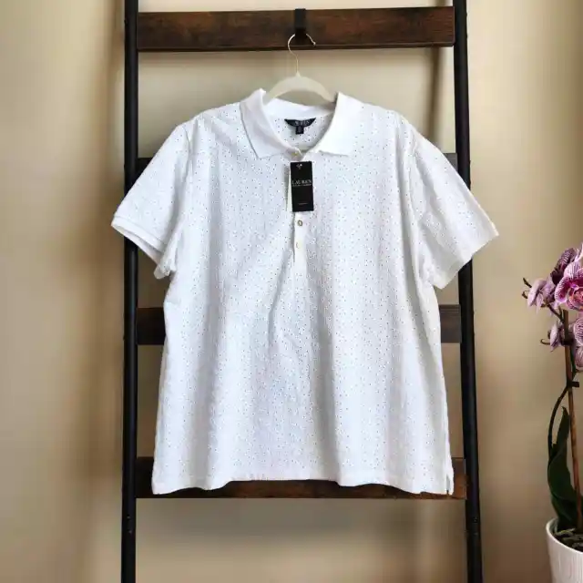 LAUREN RALPH LAUREN Women's White Eyelet Jersey Polo Shirt Plus Size 2X  $89.95 - PicClick AU