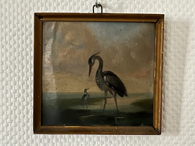Tableau ancien animaux peinture sur bois avec cadre métal (L15/A22)