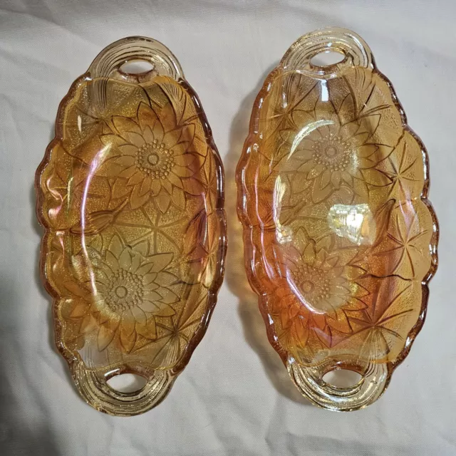 2 Vintage Oval Carnival Glass Candy Relish Dish Lily Pons Amber By Indiana Glass