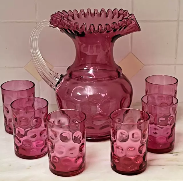 Fenton Cranberry Inverted Coin Dot Optic Pitcher 9" high & 6 Glasses 4" tall