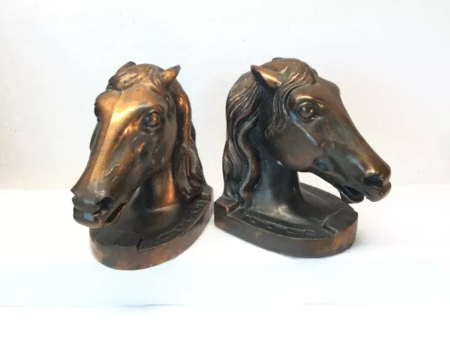 Pair Vintage Frankart Copper Tone Metal Double Horse Head Bookends