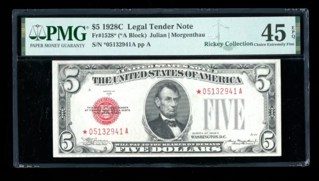 DBR 1928-C $5 Legal STAR Fr. 1528* PMG 45 EPQ Serial *05132941A