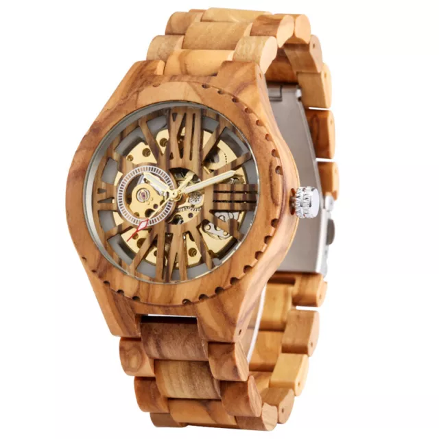 Mens Wooden Watches Cherry Wood Hollow Skeleton Dial Wood Case Automatic Watch