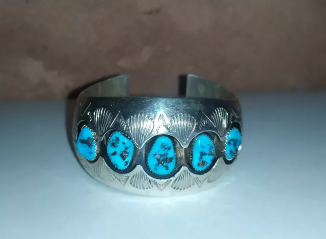 Superbe bracelet manchette Navajo Signé P. Benally Sterling , Argent 925 vintage