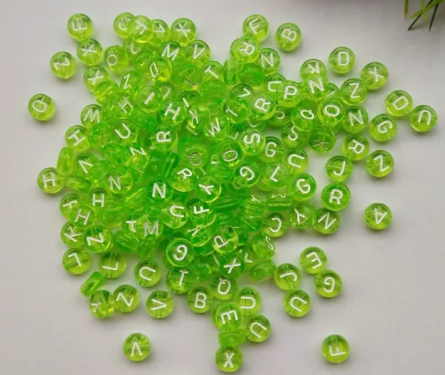 ❤ 500 - FLAT/ROUND NEON GREEN TRANSPARENT A-Z BEADS - WHITE LETTERS - No. 031 ❤