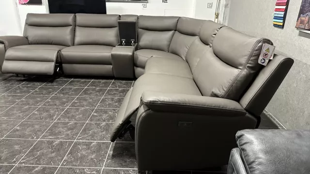 Dfs Grey Genuine Leather Power Recliner Corner Sofa + Cupholder / Storage