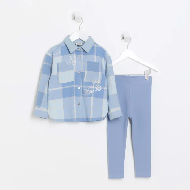 River Island Mini Girls Shirt 2 Piece Outfit Blue Check Outfit Embellishment