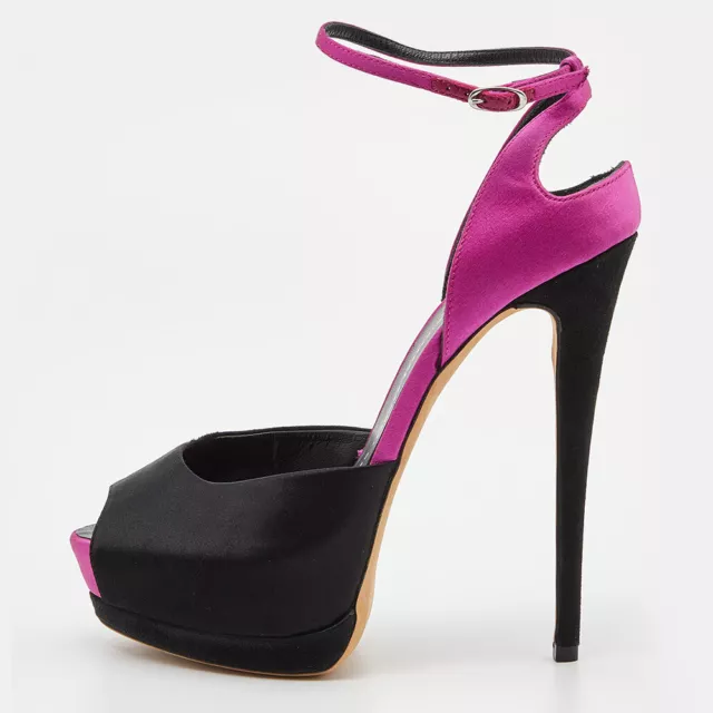 Giuseppe Zanotti Black/Pink Satin and Suede Peep Toe Platform Ankle Sandals