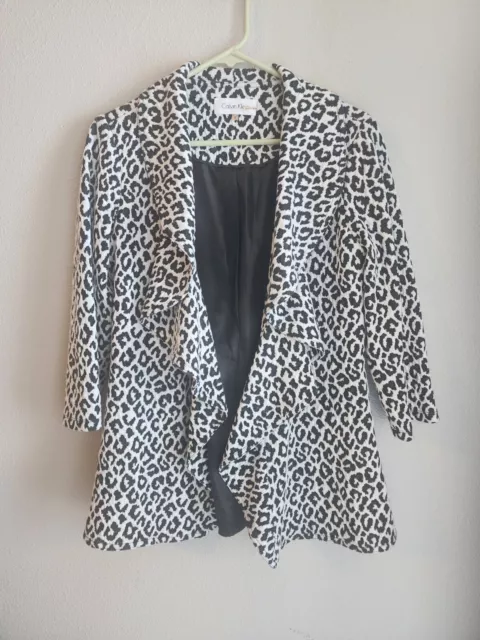 Calvin Klein Jacket Blazer Black White Leopard Open Front Ruffle Ponte Size 6
