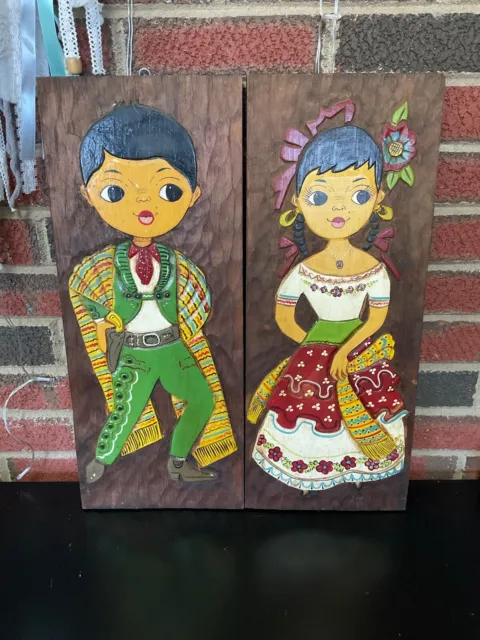 Vintage Mid Century Mexican Boy Girl Relief Wood Panel Folk Art Painted