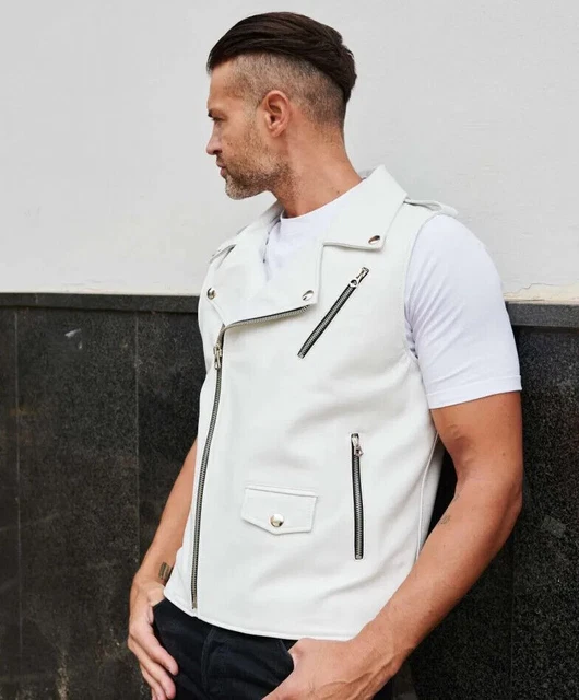 Gilet per uomo Giacca in pura pelle di agnello bianca Taglia XS SML XL XXL...