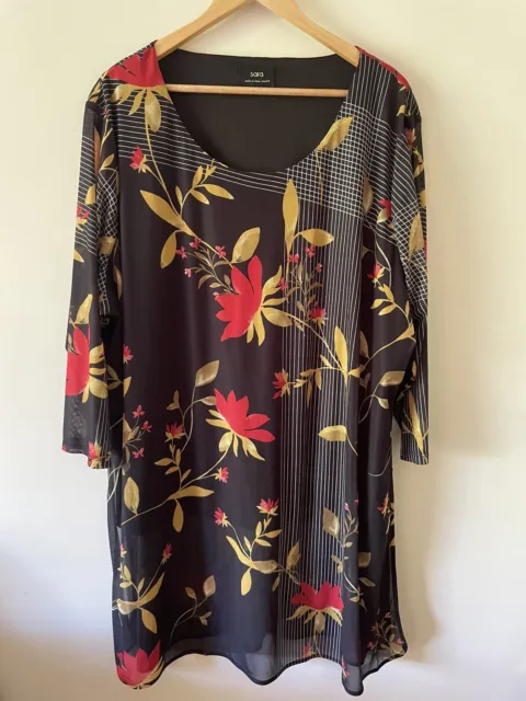 As New - SARA Size 24 Or XL Black & Red Quality Floral Long Overlay Tunic Top