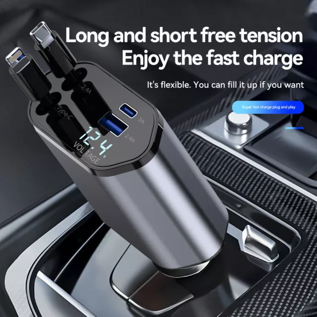 4IN1 100W Retractable Car Charger USB Type C Cable For Phone Fast Charge Adapter