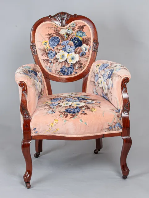Antique Victorian Armchair Spoon Back C19th Pink Floral Velvet Upholstered H95cm