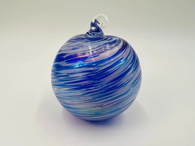 Hand Blown Glass Ball Ornament Blue & White Swirl Pattern Christmas 8cm