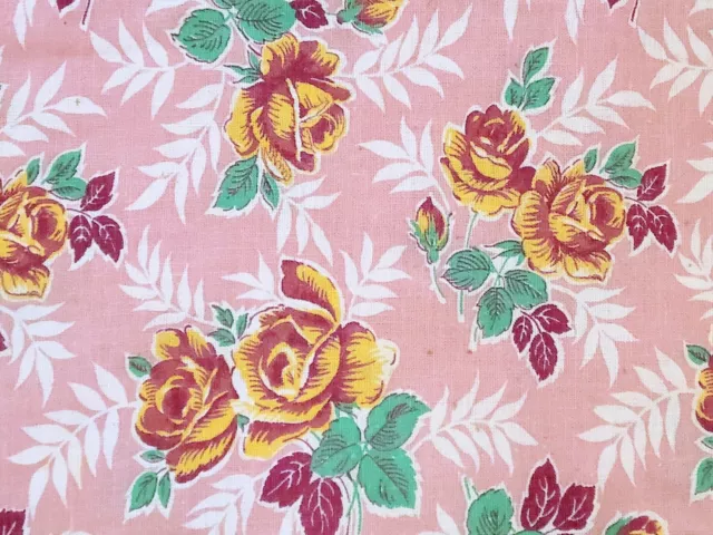 Vintage Feedsack Yellow Roses Pink Background Floral Feed Sack unopen