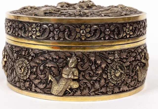 Museum Quality Hand Chased Antique Burmese  Silver Box Gold Gilded