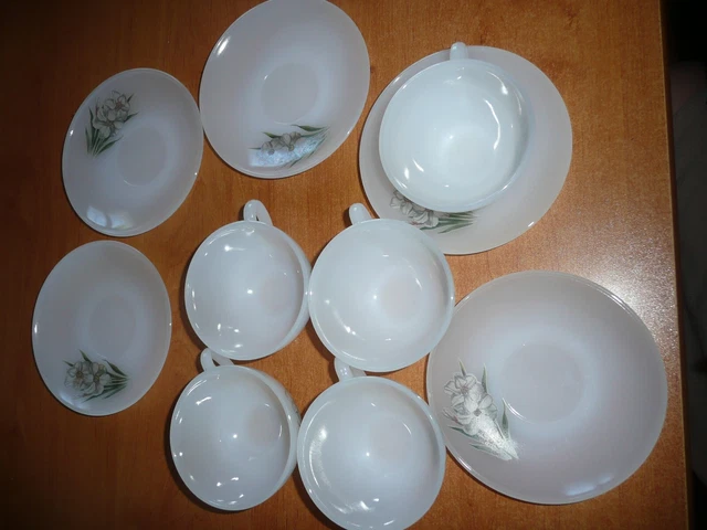 lot 5 tasses + 5 sous tasses à café - ARCOPAL  ( fleurs narcisse) - vintage -TBE