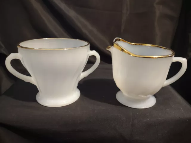 Vintage Anchor Hocking Fire King Swirl Milk Glass Gold Rim Cream and Sugar