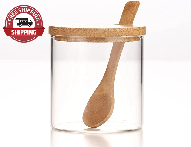300Ml/10Oz Clear Glass Jar with Bamboo Lid and Wooden Spoon, Cute Sugar Bowl Bat