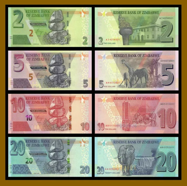 Set of 4 Zimbabwe 2 5 10 20 Dollars 2019-2020 Revised Hybrid Banknote UNC