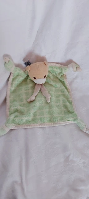 Doudou Semi Plat Carré Ours Vert Ecru Beige Blanc   Nounours