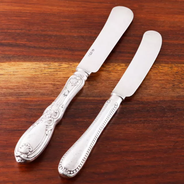 Albert Coles & Unknown Maker American Coin Silver Butter Knives Bead Shell