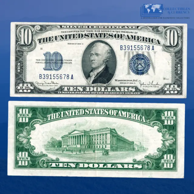 1934D $10 Ten Dollars Silver Certificate Blue Seal, VF+ Condition #55678