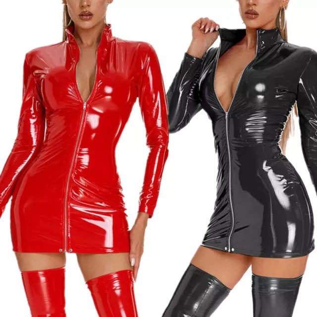 Women's PVC Leather Short Dress Sexy Front Zipper Bodycon Tight Dresses Clubwear