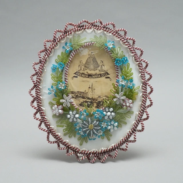 Recuerdo An Maria Célula Ovales Imagen Con Glasperlenblumen Um 1890 Antiguo