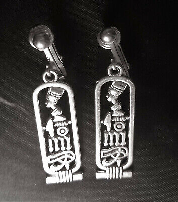 Egyptian Cartouche Silverplated Clip On Dangle Earrings, Nefertiti Horus Ma'at