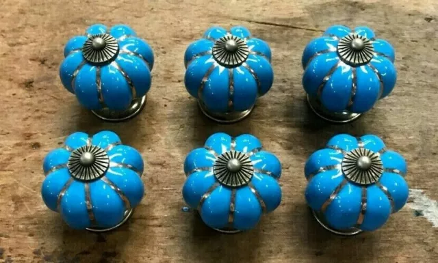 Set of 6 BLUE ENAMEL PULL Drawer Cabinet Knob Porcelain Handle Screws Included