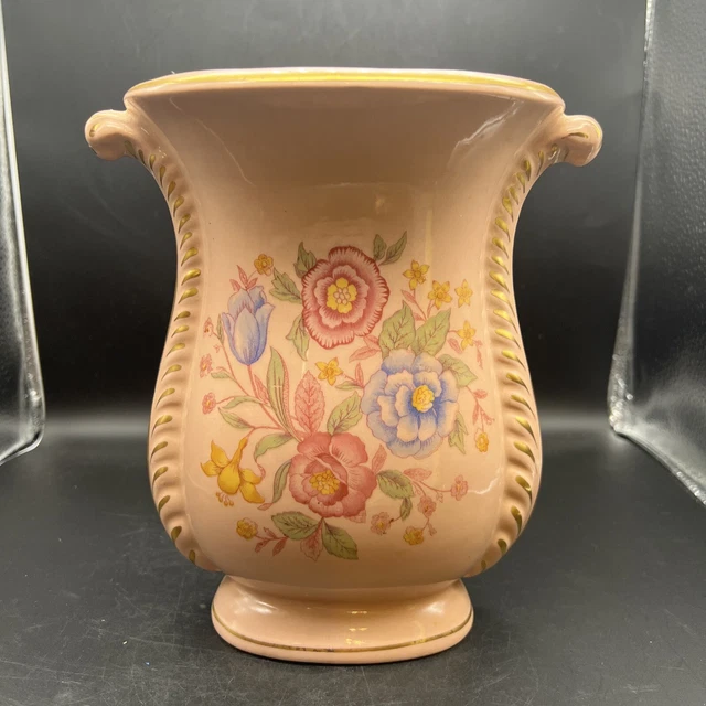 VINTAGE Pink w/Gold Trim 1940’s Pottery Vase Multi Color Floral Design 8”T #P121