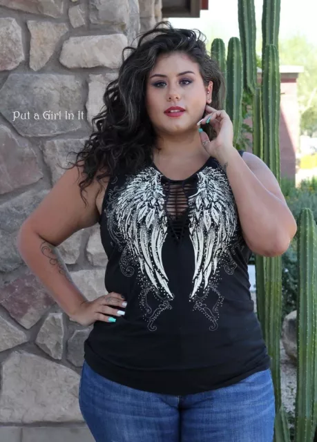 New Womens PLUS SIZE CRYSTAL BLACK ANGEL WINGS BRAIDED CUT TANK TOP 1X 2X 3X