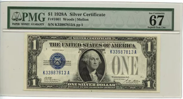 1928A $1 Silver Certificate Blue Woods Mellon Fr# 1601 PMG SUPERB GEM 67 EPQ