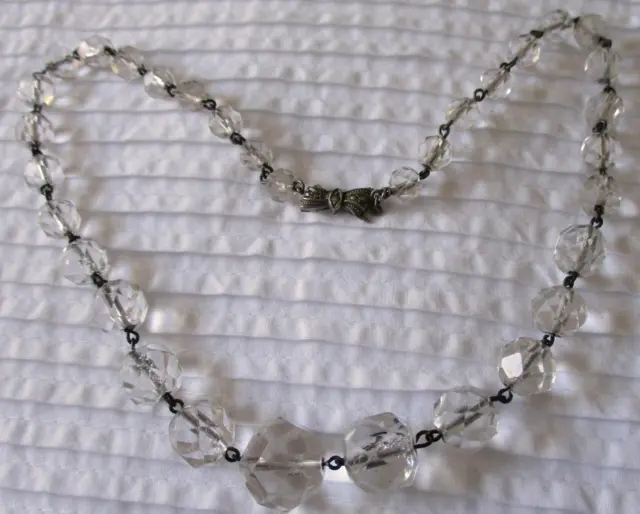 Vintage Art Deco 1930S Faceted Rock Quartz Crystal Beads Necklace Sterling Clasp