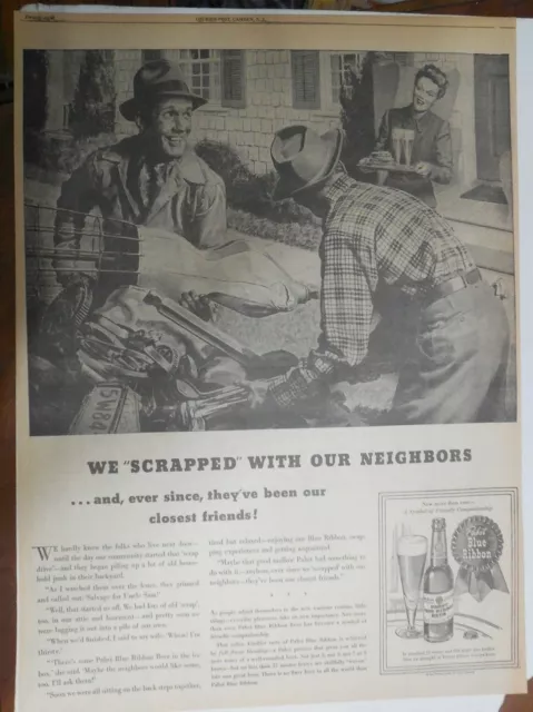 Pabst Beer World War Two Ad: Scrap Iron Drive ! from 1943 Size: 15 x 22 inches