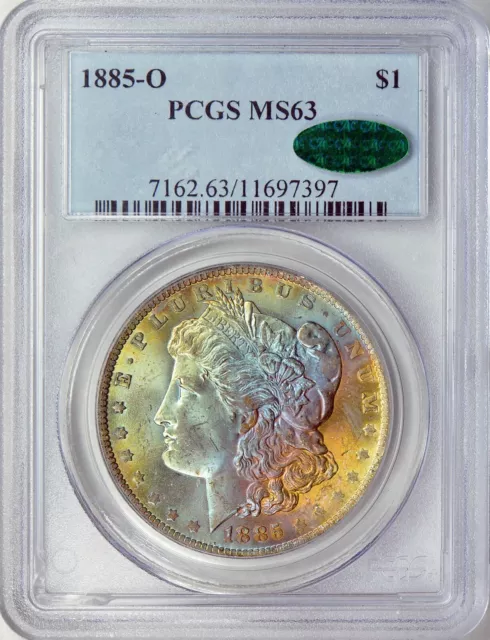 1885-O PCGS MS63 CAC Rainbow Toned Morgan Silver Dollar 697397