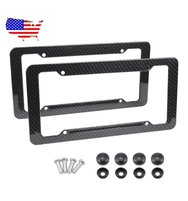 2pc Car Auto Plastic Carbon Fiber License Plate Holder Frame Universal Black Set