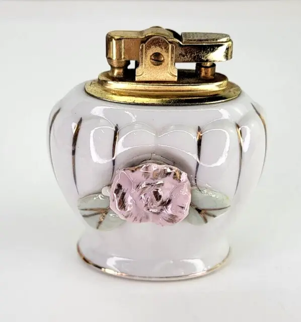 Vintage Hand Painted Pink Flower Gold Gilded Table Lighter 1940s Japan Gift
