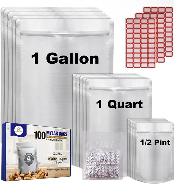 100pcs Mylar Bags for Food Storage w/ Oxygen Absorbers Resealable