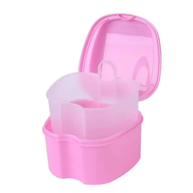 Dental False Teeth Storage Box with Hanging Net Container Organizer (Pink)