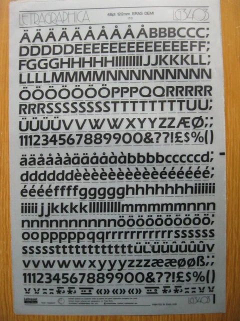 1 x Letraset Upp/Low/Num ERAS DEMI 48pt 12,2 mm Blatt LG3403 (R)