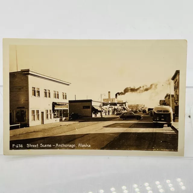 VTG Postcard RPPC Alaska Anchorage Street Level 1940's Cafe Club Olympia Old Car