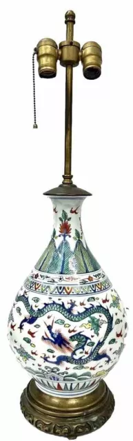 Warren Kessler Lamp w Signed Chinese Porcelain Doucai Vase with Dragon & Phoenix