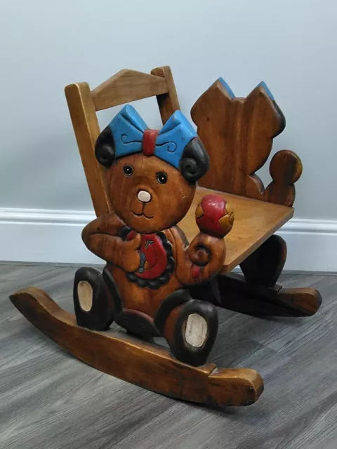 Solid Oak Child Rocking Chair, Hand Carved Teddy Bear with blue bow, Folk Art