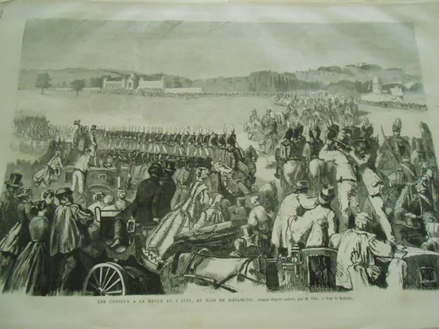 Gravure 1868 - Les curieux à la revue au Bois de Boulogne