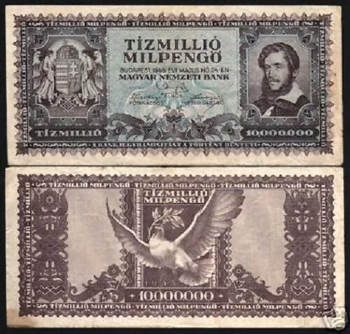 Hungary 10,000,000 Pengo P-129 1945 Hungarian HUF World Currency Money Bill Note