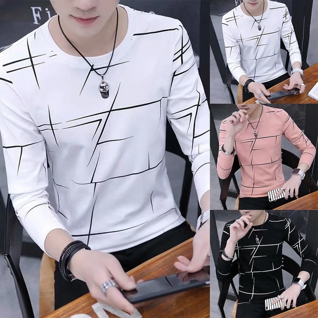 Uomo Casuale a Righe Maniche Lunghe T-Shirt Ragazzi Slim Rotondo Collo Al Sedere