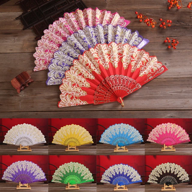 Coloré Creux Dentelle Vintage Pliable Fleur Impression Ventilateur Art Artisan ,